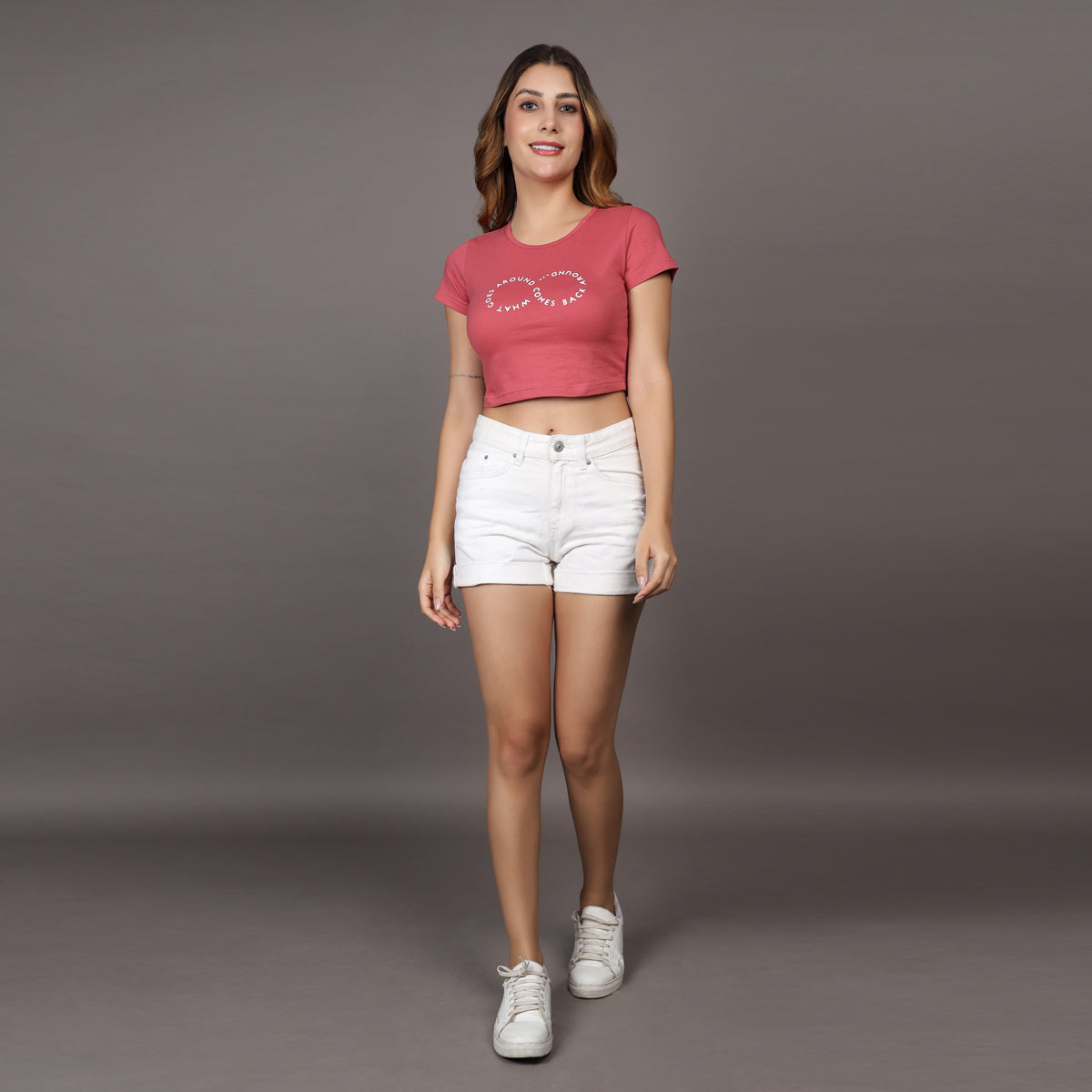 PINK WHAT GOES AROUND, COMES BACK AROUND CROP TEE