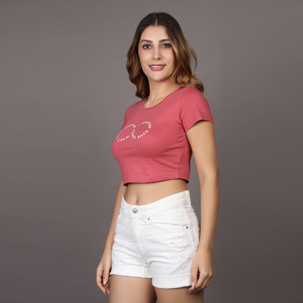 PINK WHAT GOES AROUND, COMES BACK AROUND CROP TEE
