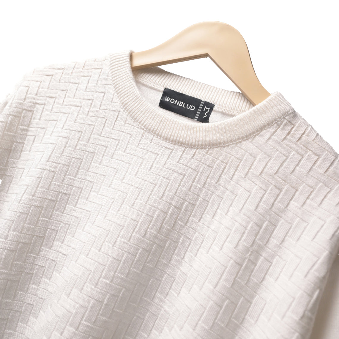 WHITE BASKETWEAVE KNIT SWEATER