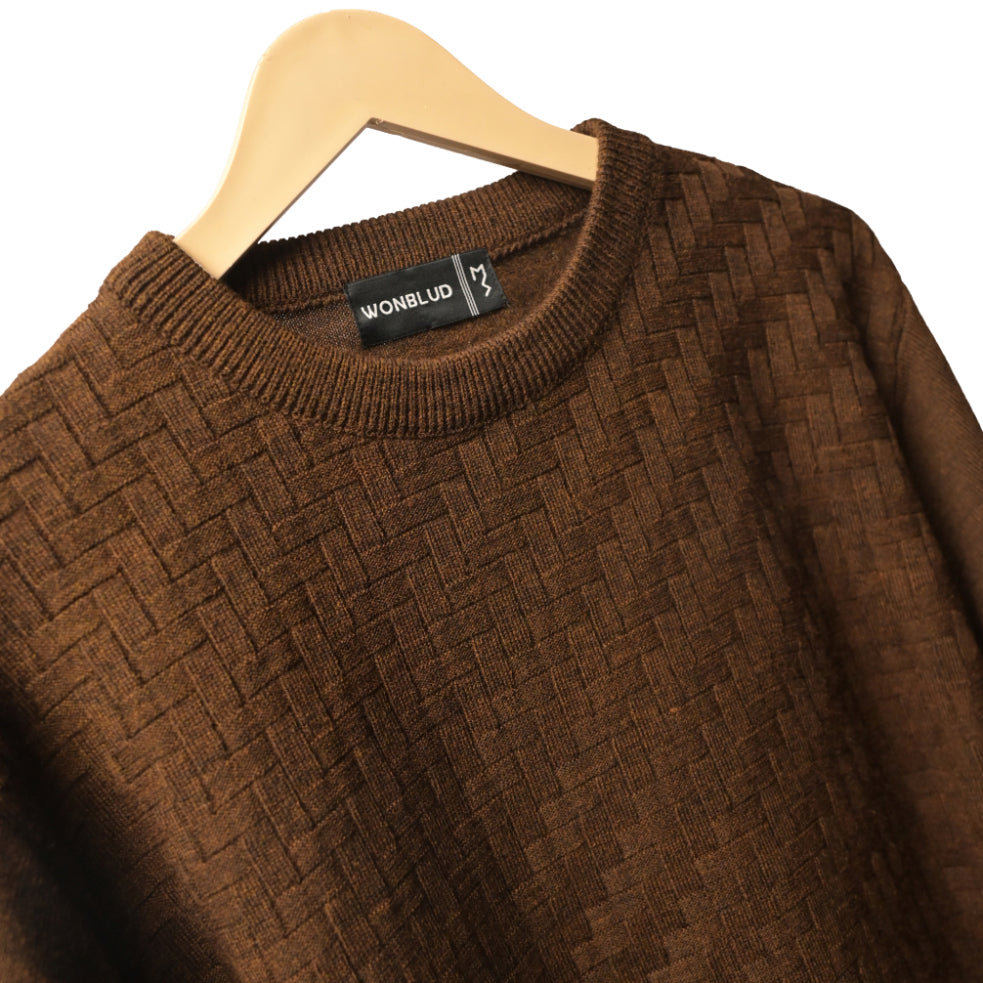 BROWN BASKETWEAVE KNIT SWEATER