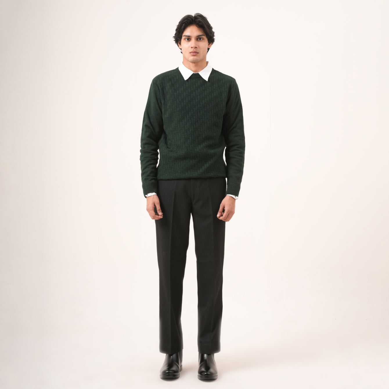 GREEN BASKETWEAVE KNIT SWEATER