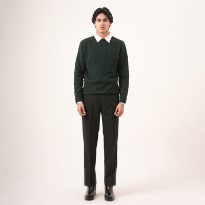 GREEN BASKETWEAVE KNIT SWEATER