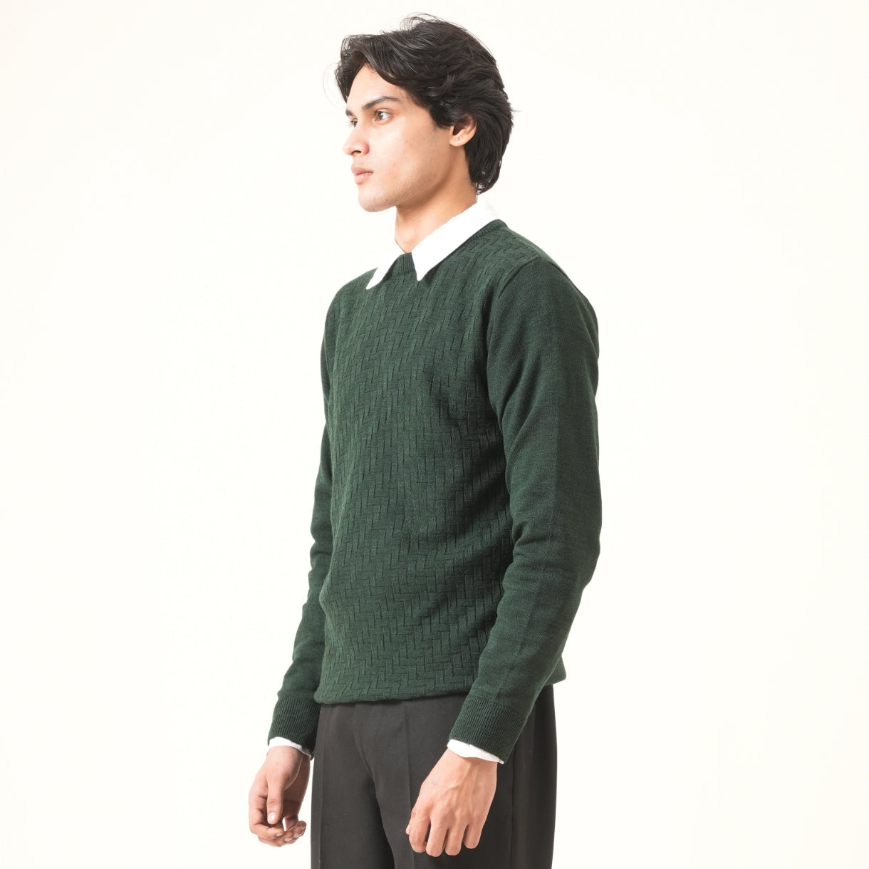 GREEN BASKETWEAVE KNIT SWEATER