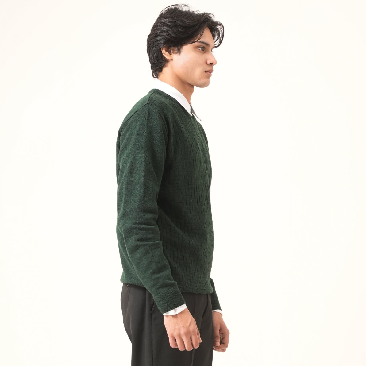 GREEN BASKETWEAVE KNIT SWEATER