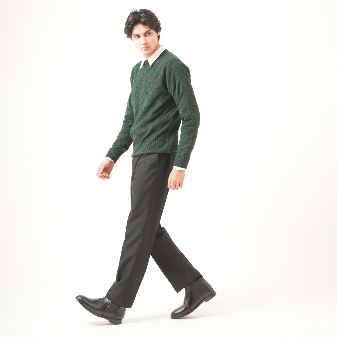 GREEN BASKETWEAVE KNIT SWEATER