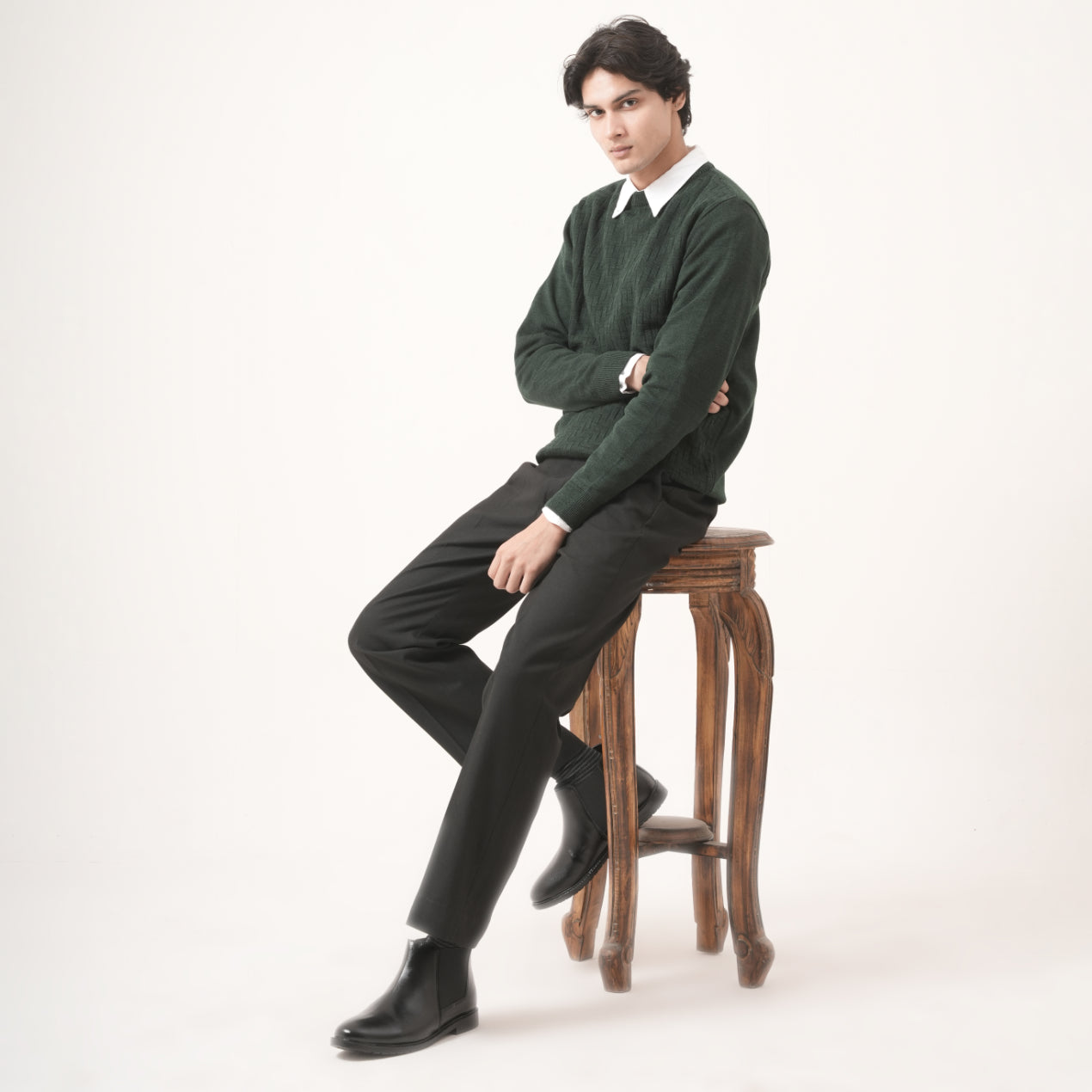 GREEN BASKETWEAVE KNIT SWEATER