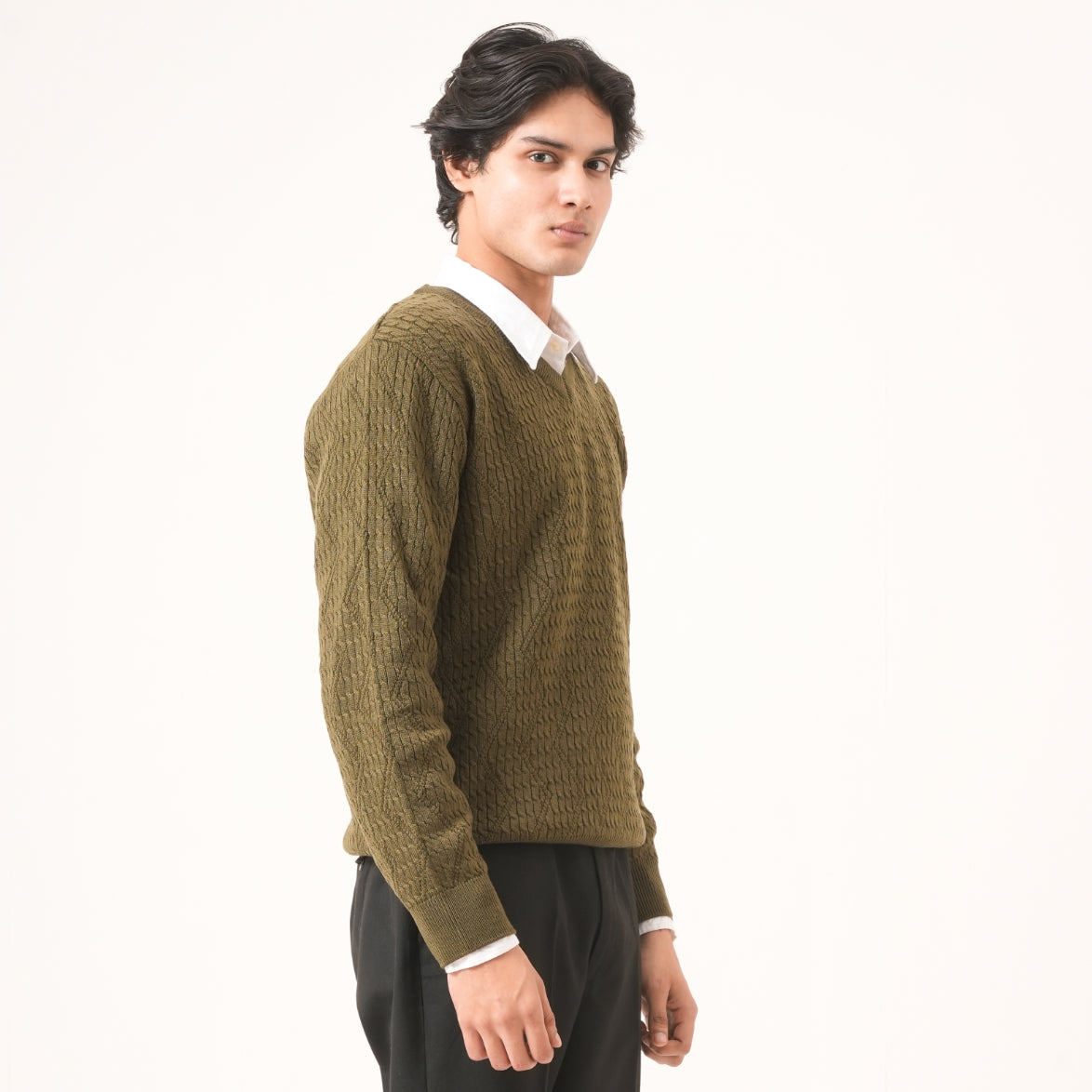 GREEN ALL-OVER KNIT SWEATER