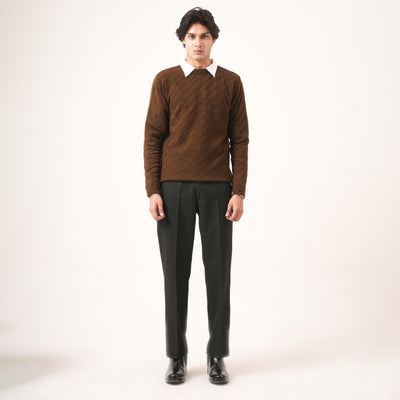 BROWN BASKETWEAVE KNIT SWEATER
