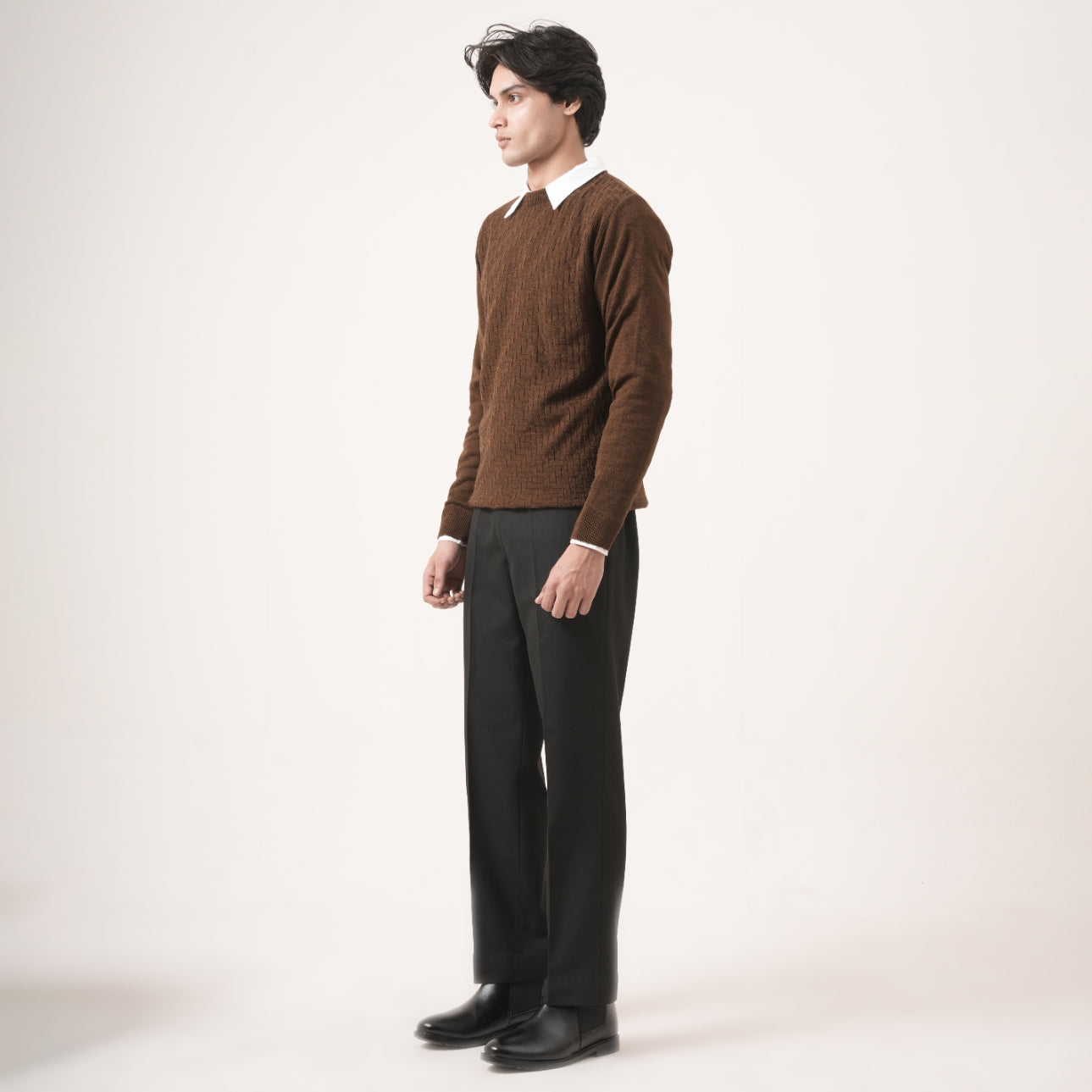 BROWN BASKETWEAVE KNIT SWEATER