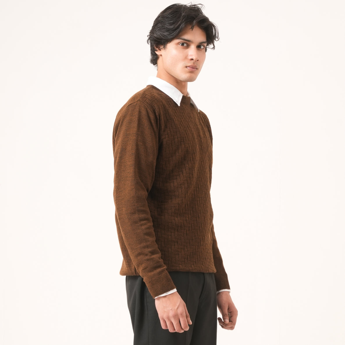 BROWN BASKETWEAVE KNIT SWEATER