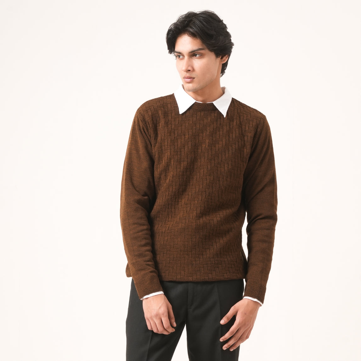 BROWN BASKETWEAVE KNIT SWEATER