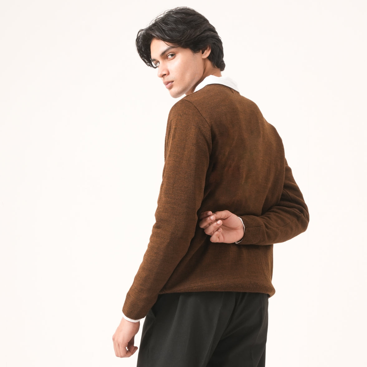 BROWN BASKETWEAVE KNIT SWEATER