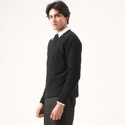 BLACK BASKETWEAVE KNIT SWEATER