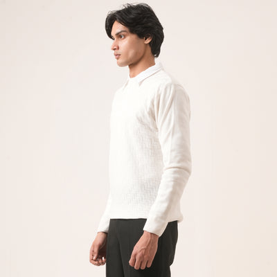 WHITE BASKETWEAVE KNIT SWEATER