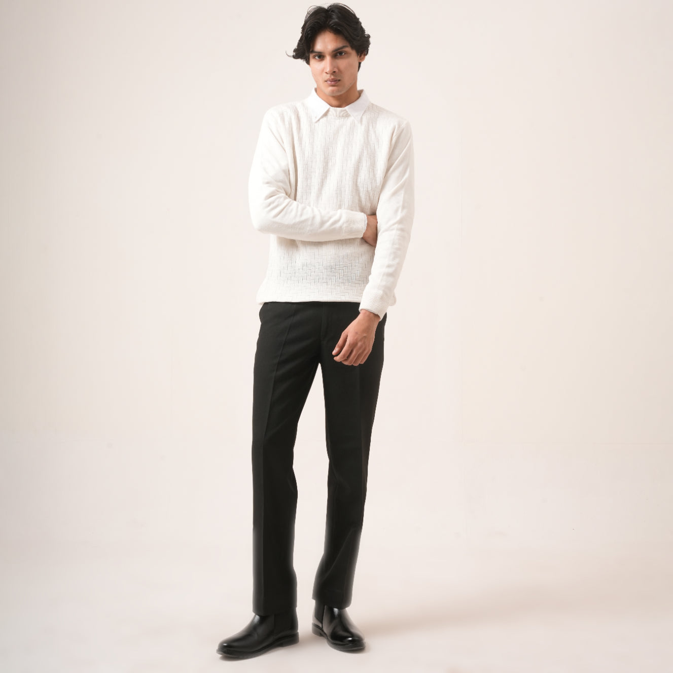 WHITE BASKETWEAVE KNIT SWEATER