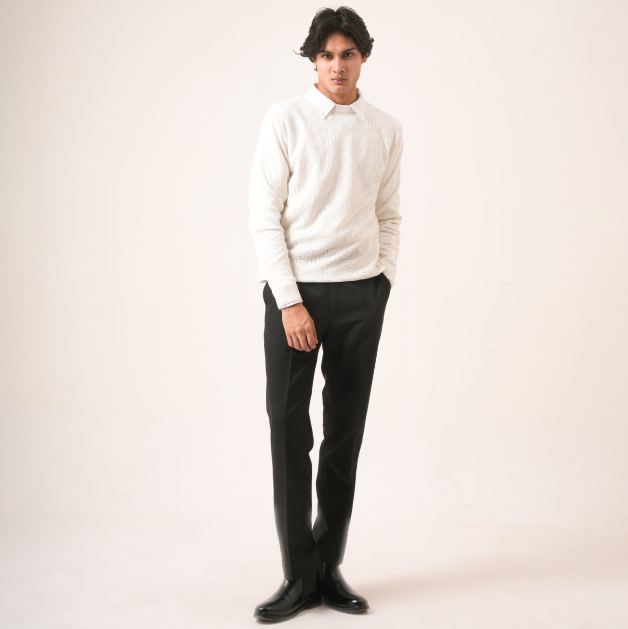 WHITE BASKETWEAVE KNIT SWEATER