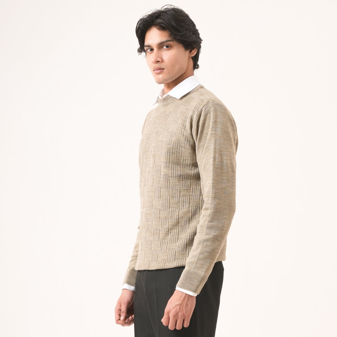 BEIGE CROSS-KNIT SWEATER