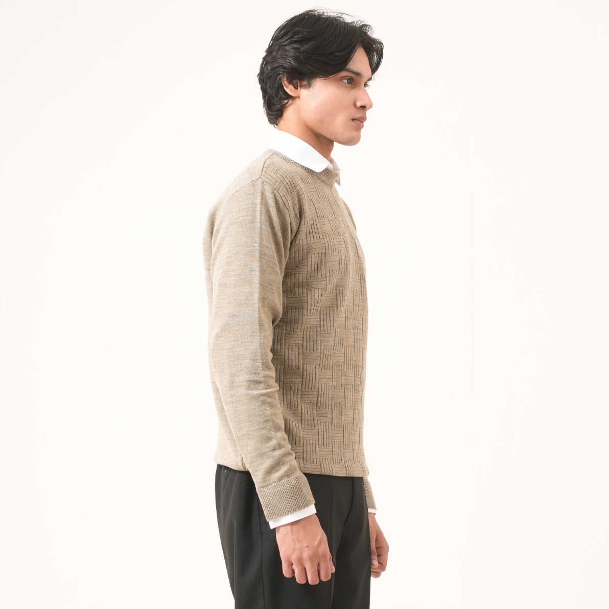 BEIGE CROSS-KNIT SWEATER
