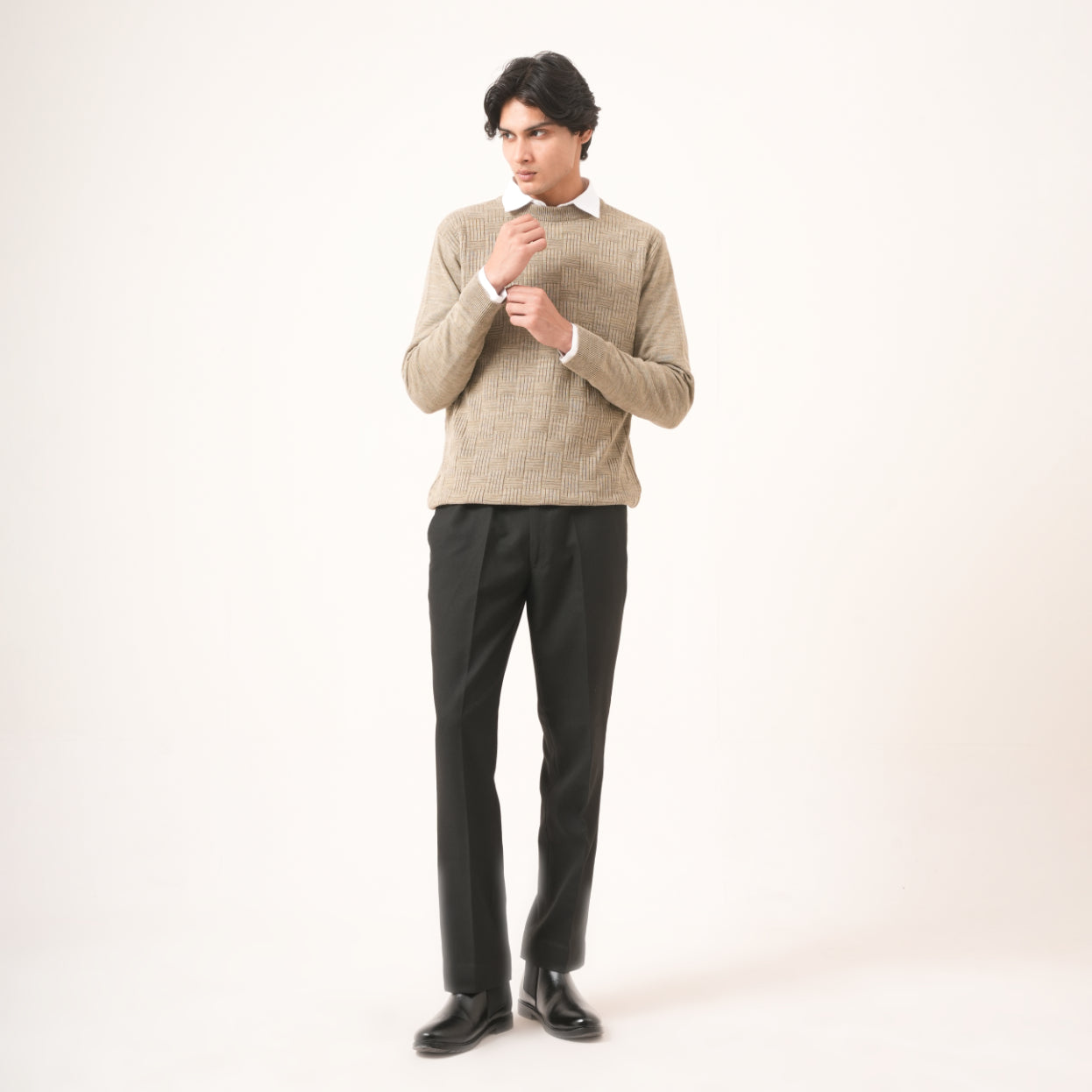 BEIGE CROSS-KNIT SWEATER