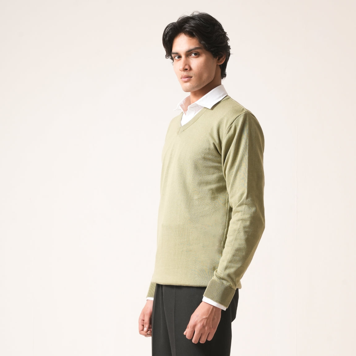 PISTACHIO V-NECK COTTON PULLOVER