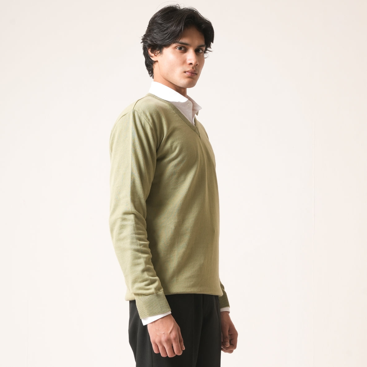 PISTACHIO V-NECK COTTON PULLOVER