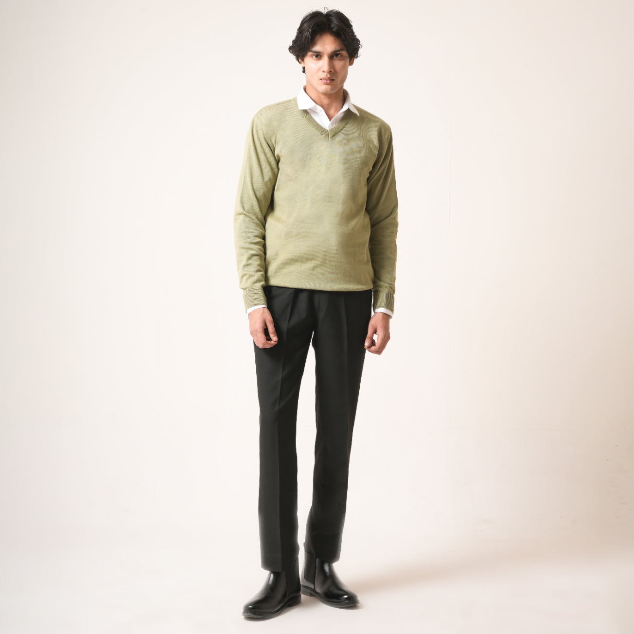 PISTACHIO V-NECK COTTON PULLOVER