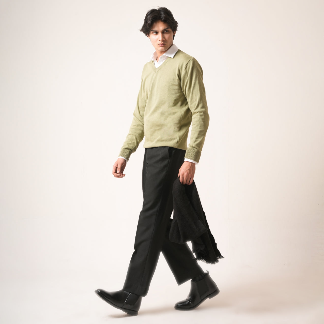PISTACHIO V-NECK COTTON PULLOVER