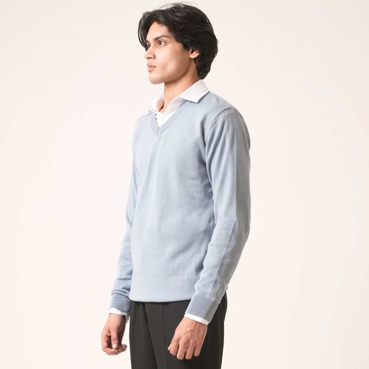 SKY BLUE V-NECK COTTON PULLOVER