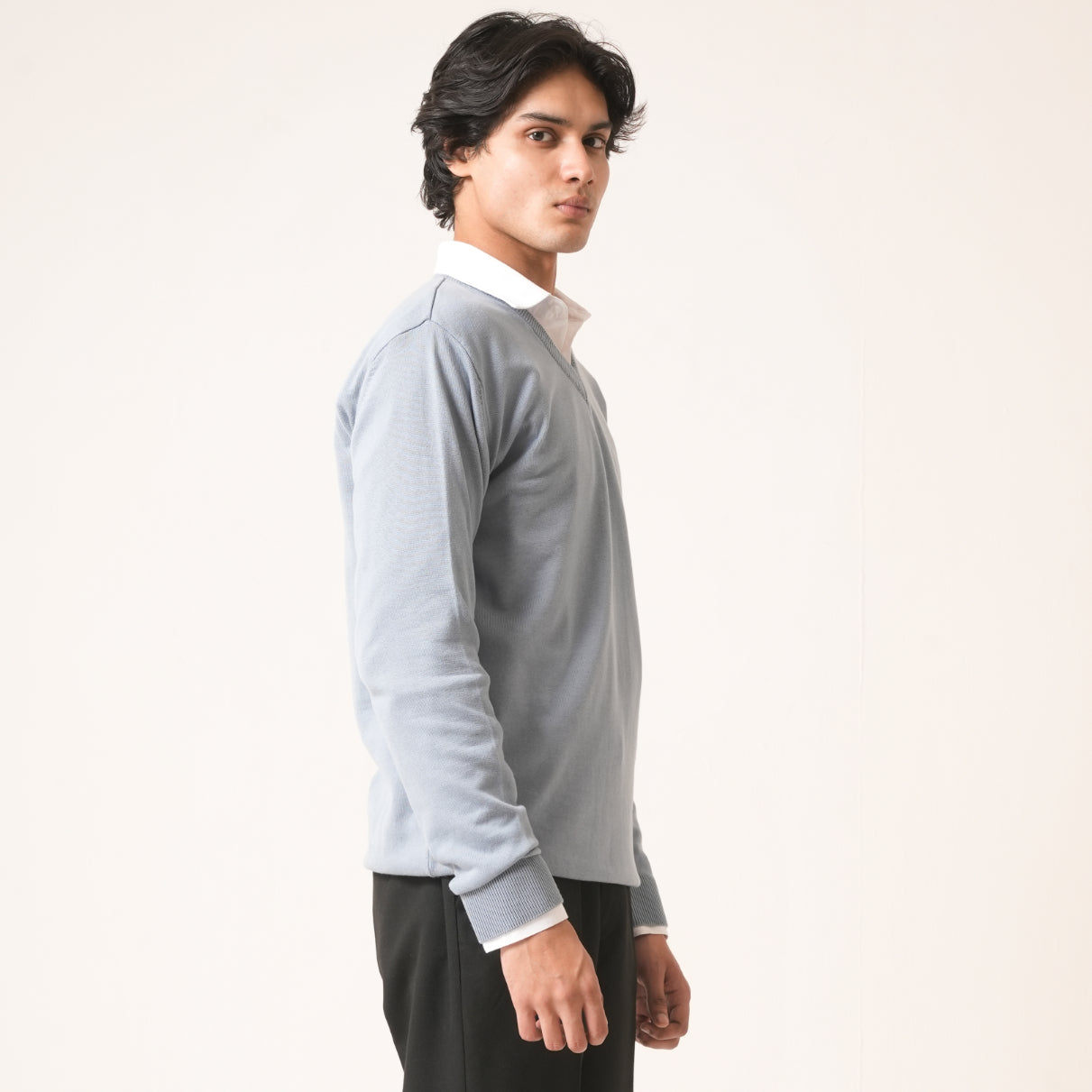 SKY BLUE V-NECK COTTON PULLOVER