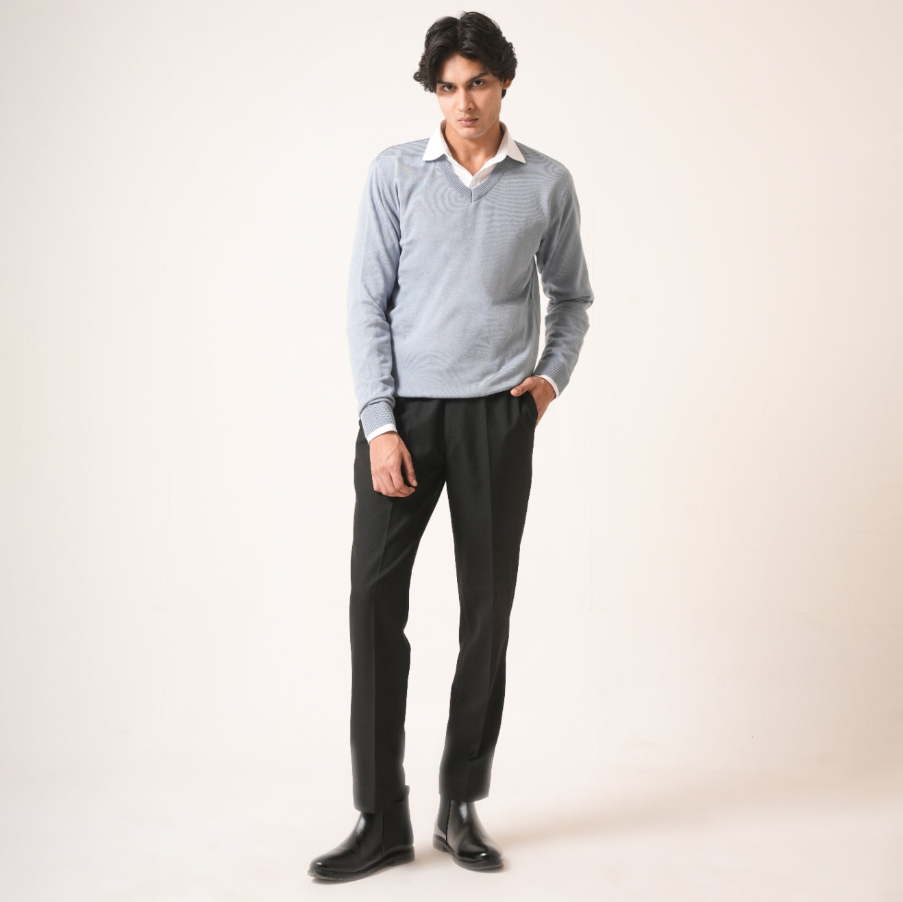 SKY BLUE V-NECK COTTON PULLOVER