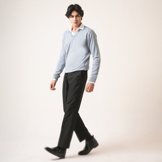 SKY BLUE V-NECK COTTON PULLOVER